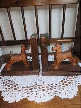 Vintage Hand-Carved Wooden Dog Bookends | Cottagecore Library Decor | Artisan Bo